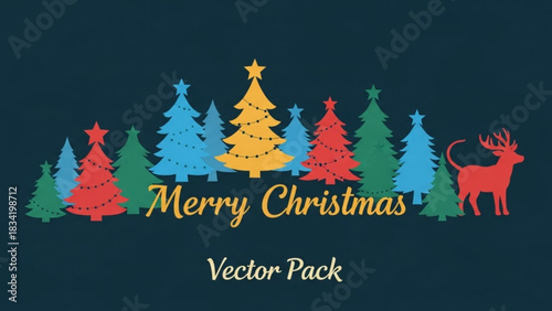 Colorful merry christmas vector illustration featuring a line of stylized evergreen trees decorated with lights and stars alongside a festive red reindeer on a dark blue background