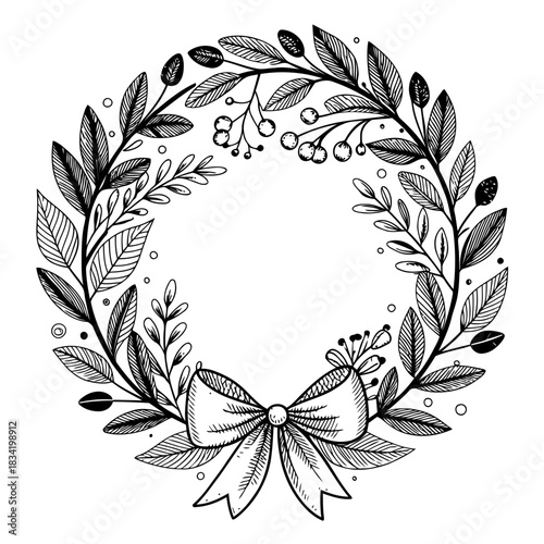 Hand drawn wreath with leaves and berries and a bow at the bottom in a circular arrangement design