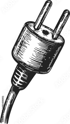 Electrical plug sketch hand drawn style with detailed cable and prongs. Vector illustration