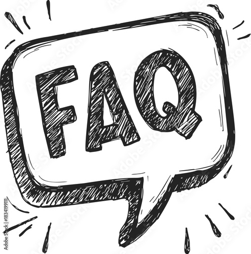 FAQ speech bubble sketch, hand drawn style with bold lettering. Vector illustration