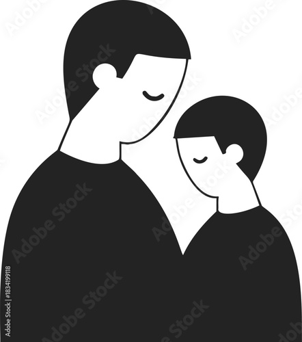 Father and son minimal sketch, hand drawn style, heads bowed together. Vector illustration