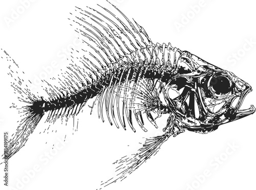 Fish skeleton sketch, hand drawn vector, detailed anatomical bones on white. Vector illustration