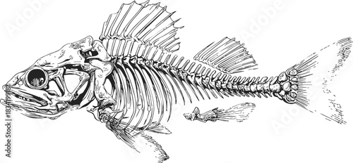 Fish skeleton sketch, hand drawn vector, detailed bones and fins anatomy. Vector illustration