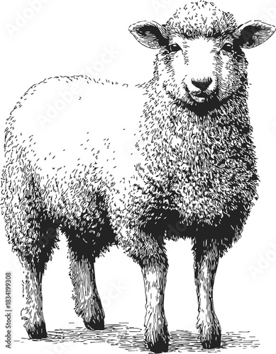 Sheep sketch hand drawn standing farm animal detailed wool texture. Vector illustration