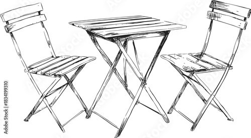 Folding chairs and table sketch, hand drawn outdoor bistro furniture set. Vector illustration
