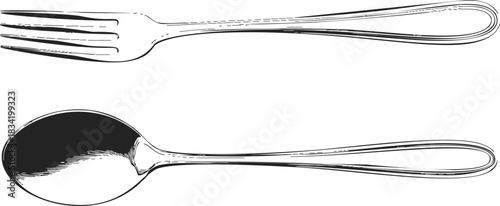 Fork and spoon sketch hand drawn cutlery set isolated on white. Vector illustration