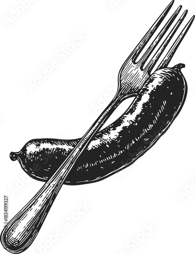 Sausage and fork sketch, hand drawn vintage food illustration. Vector illustration