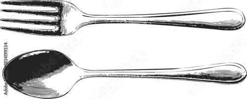 Fork and spoon sketch hand drawn cutlery set isolated on white. Vector illustration