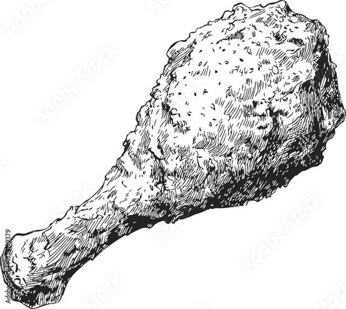 Fried chicken drumstick sketch, hand drawn style, crispy textured meat illustration. Vector illustration