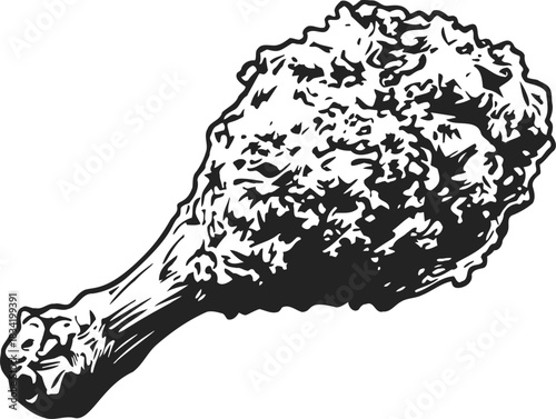 Fried chicken drumstick sketch, hand drawn crispy coated meat illustration. Vector illustration