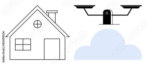 Smart homes, cloud technology, data security, home automation, surveillance systems, modern technology. A house next to a surveillance camera and a cloud icon. Smart homes and cloud technology