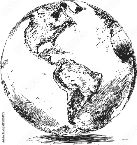 Globe sketch hand drawn illustration of Earth with Americas visible. Vector illustration