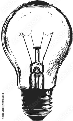 Incandescent light bulb sketch, hand drawn style, detailed filament and base. Vector illustration