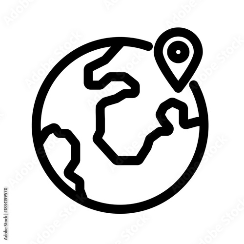 Outline icon of a globe with a location pin for worldwide destination or global search.