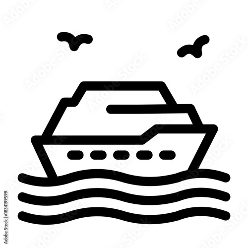 Outline icon of a cruise ship or boat sailing on the ocean waves for travel and tourism.
