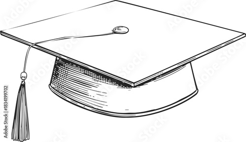 Graduation cap sketch, hand drawn mortarboard with tassel, academic regalia. Vector illustration