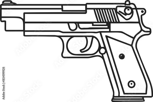 Handgun sketch line art, semi-automatic pistol side view outline. Vector illustration