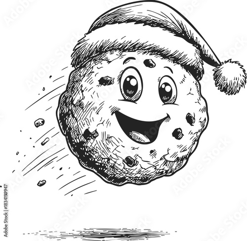 Chocolate chip cookie cartoon wearing Santa hat, sketch hand drawn style, smiling face. Vector illustration