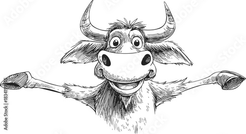 Cartoon bull sketch, hand drawn, smiling with open arms, cheerful character. Vector illustration