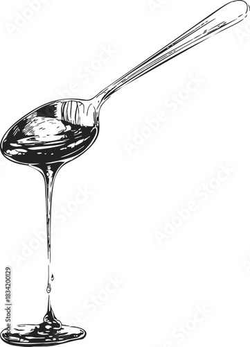 Spoon with honey dripping, sketch hand drawn style, isolated on white background. Vector illustration