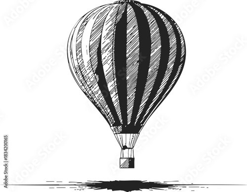 Hot air balloon sketch hand drawn with striped envelope and basket. Vector illustration