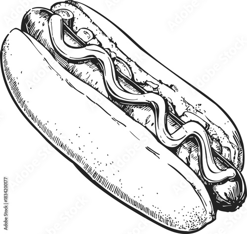 Hot dog sketch hand drawn with bun and mustard topping. Vector illustration