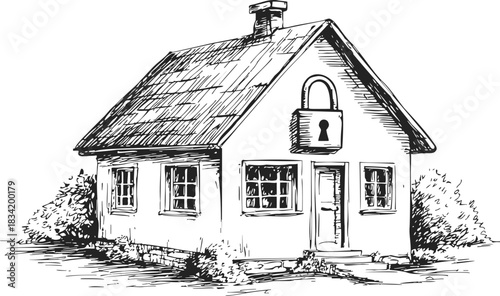 House with padlock symbol sketch, hand drawn secure home illustration. Vector illustration