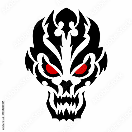 Aggressive Tribal Skull Illustration with Red Eyes Vector Design