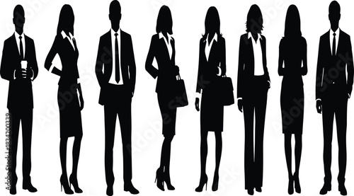 "Collection of diverse business people silhouettes standing in formal attire, representing corporate teamwork, professional success, and career diversity isolated on a white background."