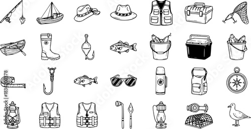 Fishing Equipment Icons: Hand-Drawn Doodle Vector Set