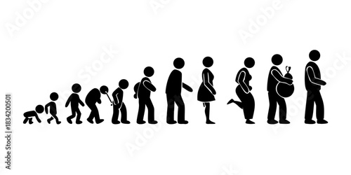 A black and white illustration showing the stages of human life from infancy to old age and death, depicted by silhouettes. vector icon