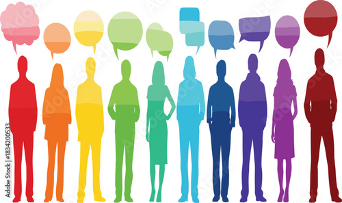 Diverse Group of People Silhouettes in Rainbow Colors with Speech Bubbles: Symbolizing Communication, Social Networking, Multicultural Dialogue, and Community Feedback in Business.