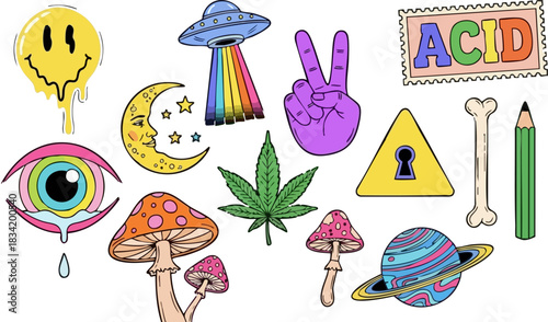 Psychedelic stickers featuring melting smiley face ufo and cannabis leaf on black