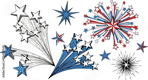 Patriotic fireworks display with red white and blue stars on a black background