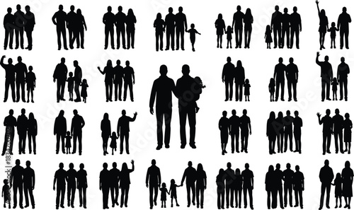 Large Collection of Family Silhouettes: Parents, Children, Multi-Generational Groups, Single Parents, Couples, and Diverse Household Compositions Vector Set.