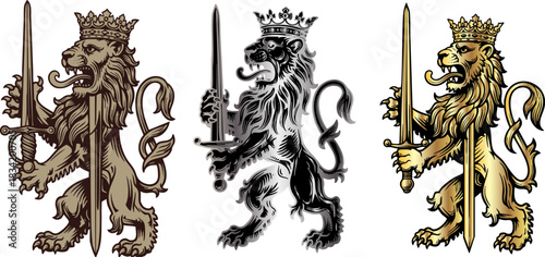 Heraldic lions with crowns and swords in bronze silver and gold on black background