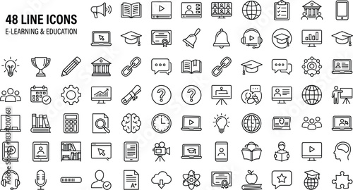 Modern e-learning and education line icons set featuring digital learning symbols, academic tools, online study elements, communication signs, technology concepts