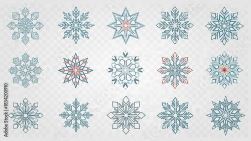 A collection of fifteen unique stylized snowflake illustrations with intricate geometric designs in shades of blue and red on a transparent background