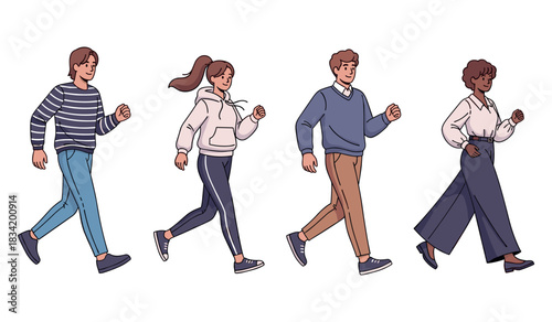 Diverse group walking: young caucasian and african adults in casual attire