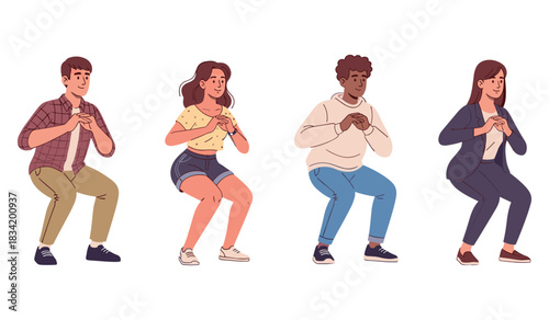 Diverse group of people demonstrating squat exercise techniques