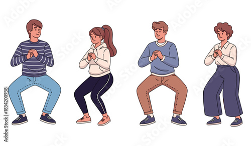 Group exercise: diverse adults practicing squats in casual attire
