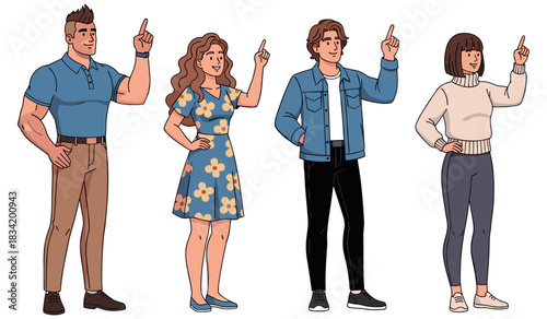 Diverse group of young adults pointing upward