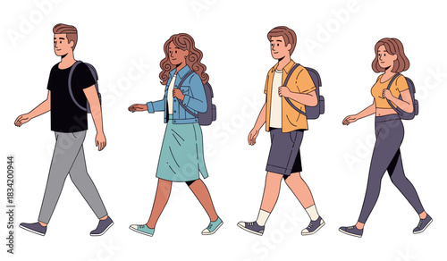 Diverse young adults walking in casual outfits with backpacks