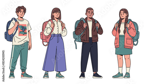 Diverse group of young students with backpacks in casual attire