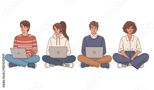 Diverse group of young adults using laptops while sitting cross-legged