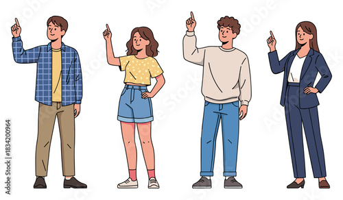 Diverse group of caucasian and hispanic young adults pointing up in casual and formal attire