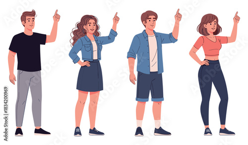 Group of young adults pointing upwards diverse casual fashion