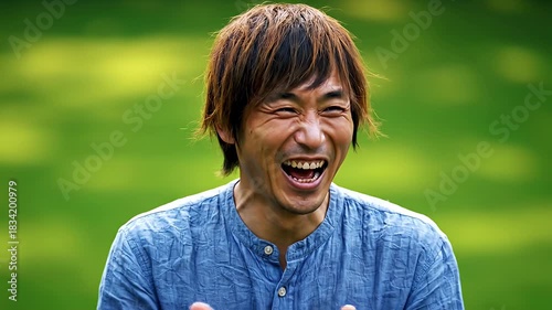 Joyful Asian man laughing out loud with genuine happiness and closed eyes outdoors Capturing a moment of pure delight cheerfulness and amusement in a natural
