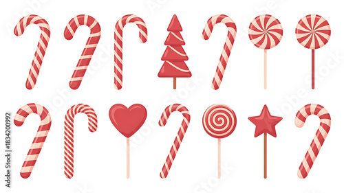 A festive array of red and white candy canes and lollipops on a white background