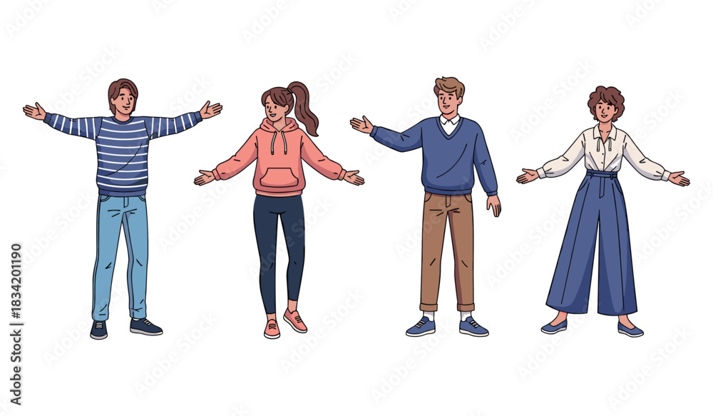 Naklejka premium Diverse animated characters in casual clothing with open arms on white background